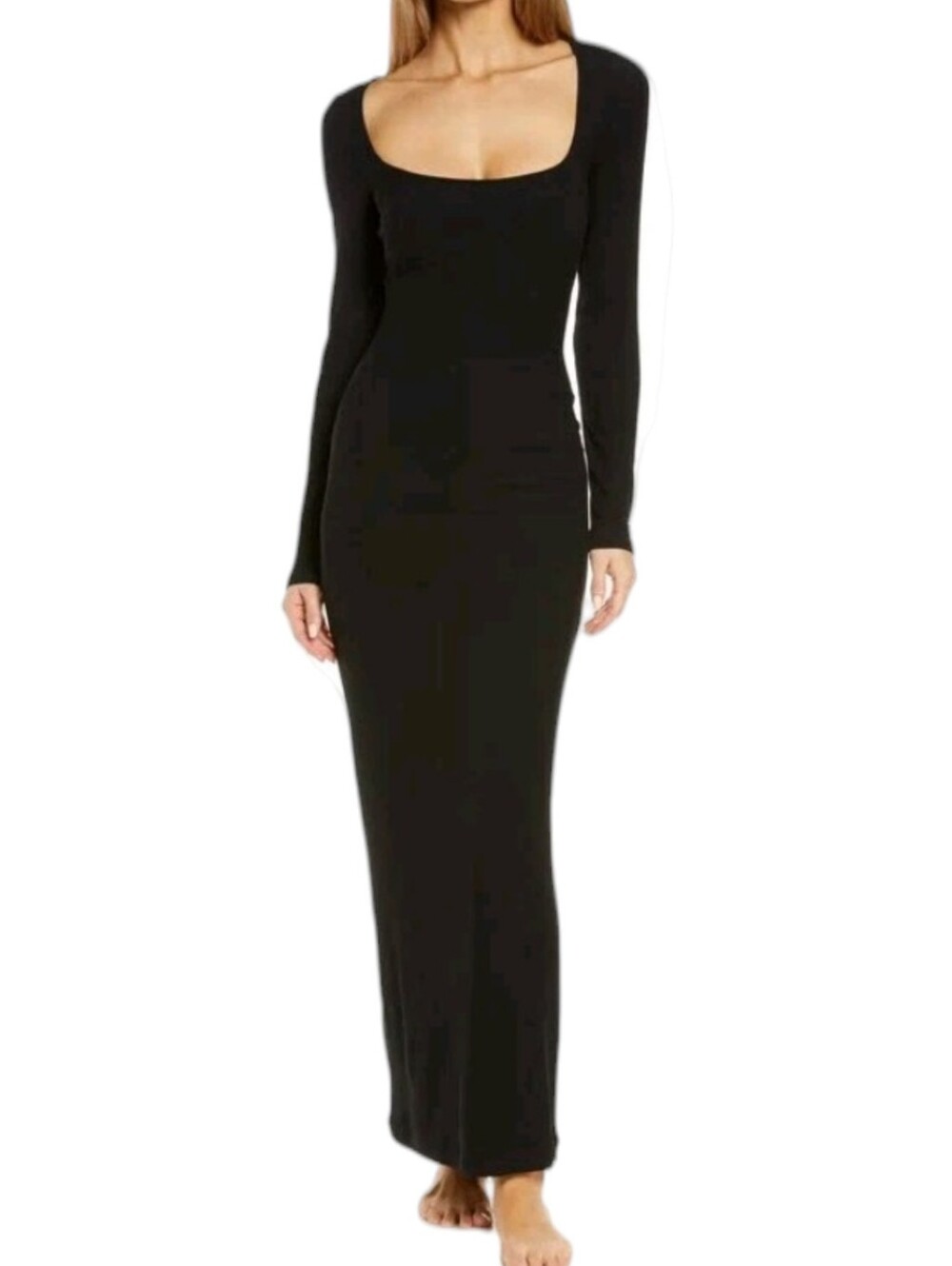 Skims Lounge Black Ribbed Bodycon Midi Maxi Dress Long Sleeve Large